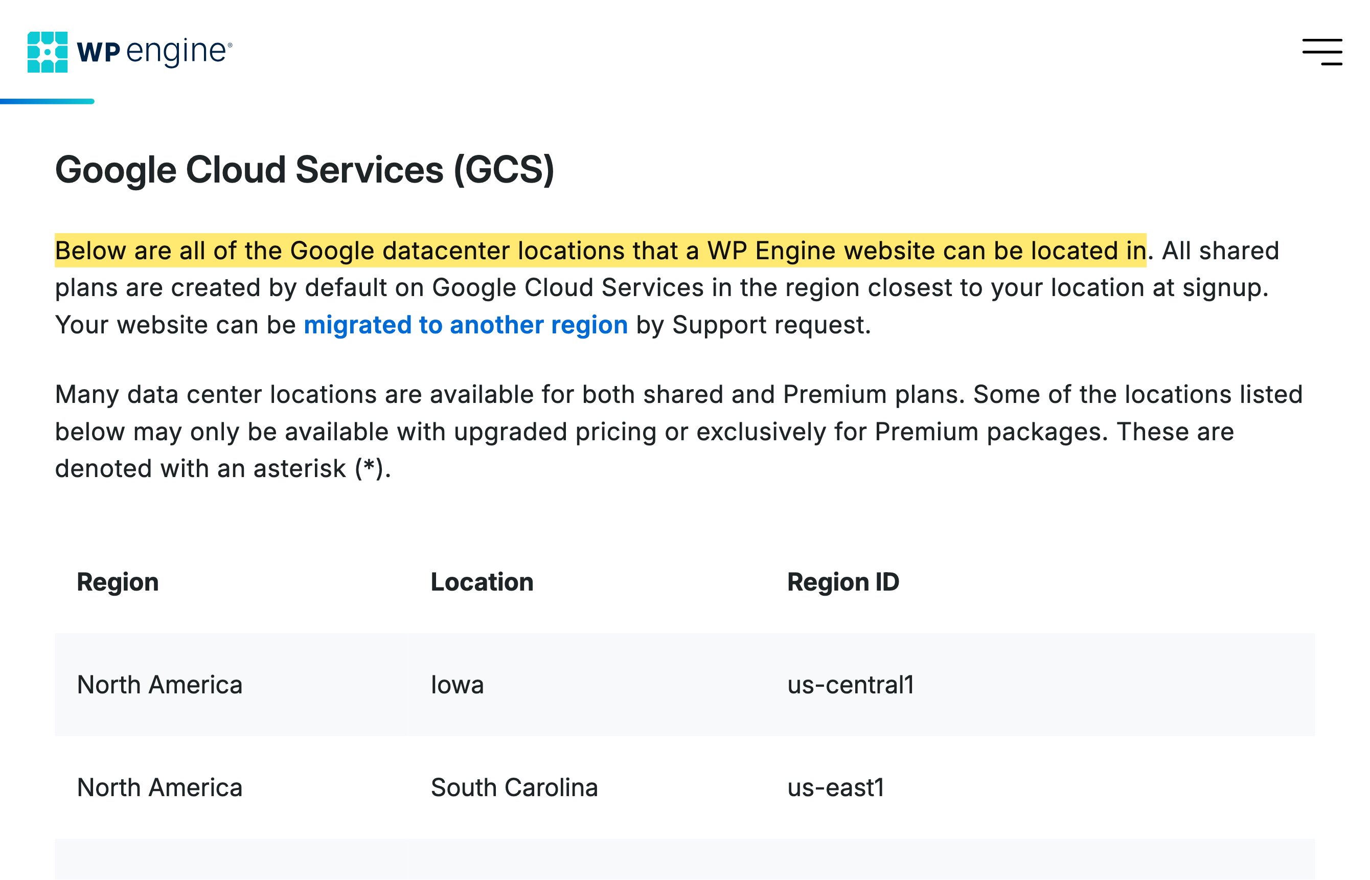 WP Engineのサポートページ『Select or Change a Website's Data Center Location』。Google Cloud・AWS・Azureのリージョンを列挙し、アジア太平洋のロケーションは東京・シドニー・シンガポールで、中国本土のデータセンターはない