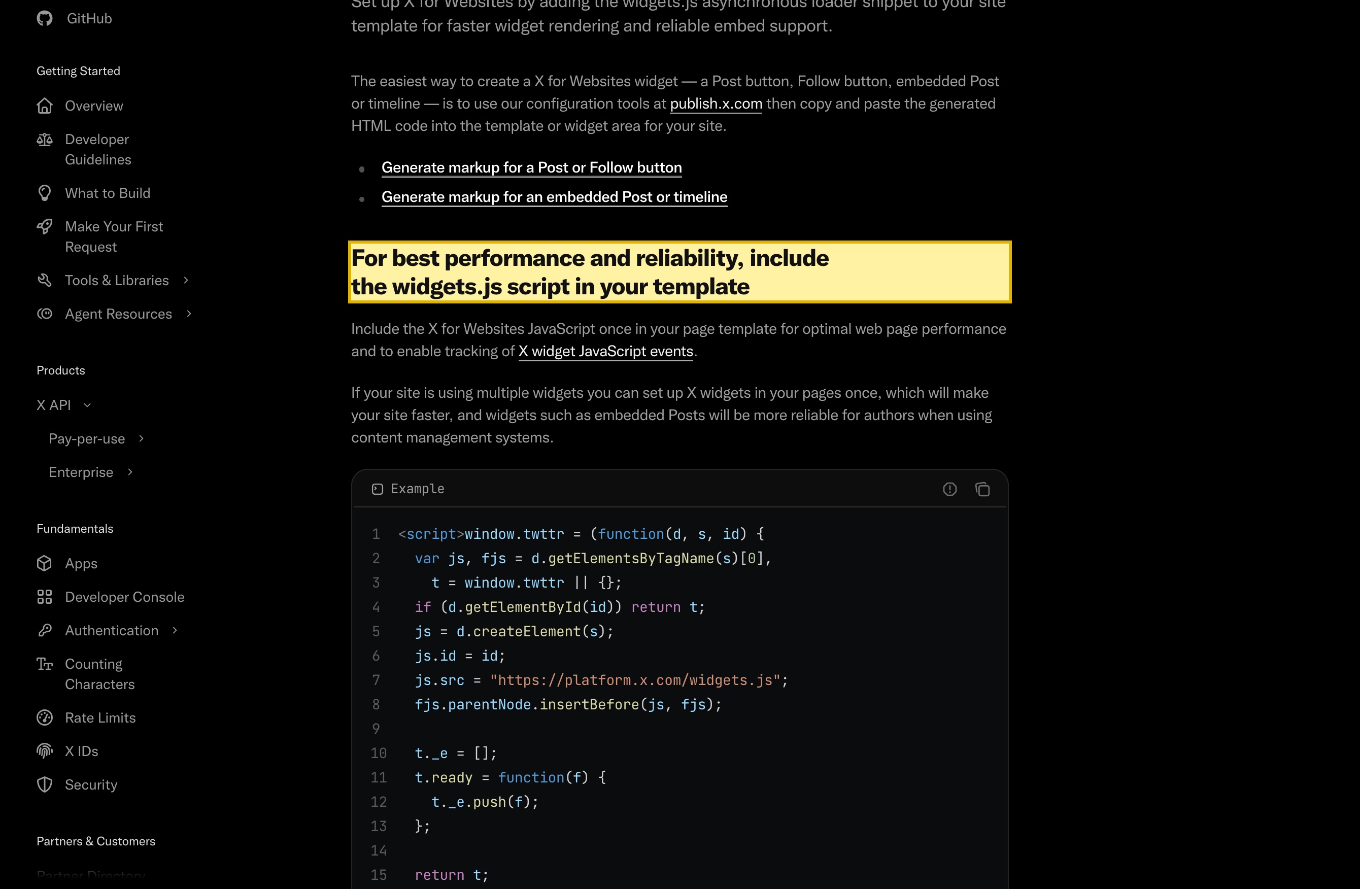X developer docs 'Set up X for Websites' page showing the widgets.js asynchronous loader snippet with js.src set to https://platform.x.com/widgets.js, the X-operated host an embedded Post loads from