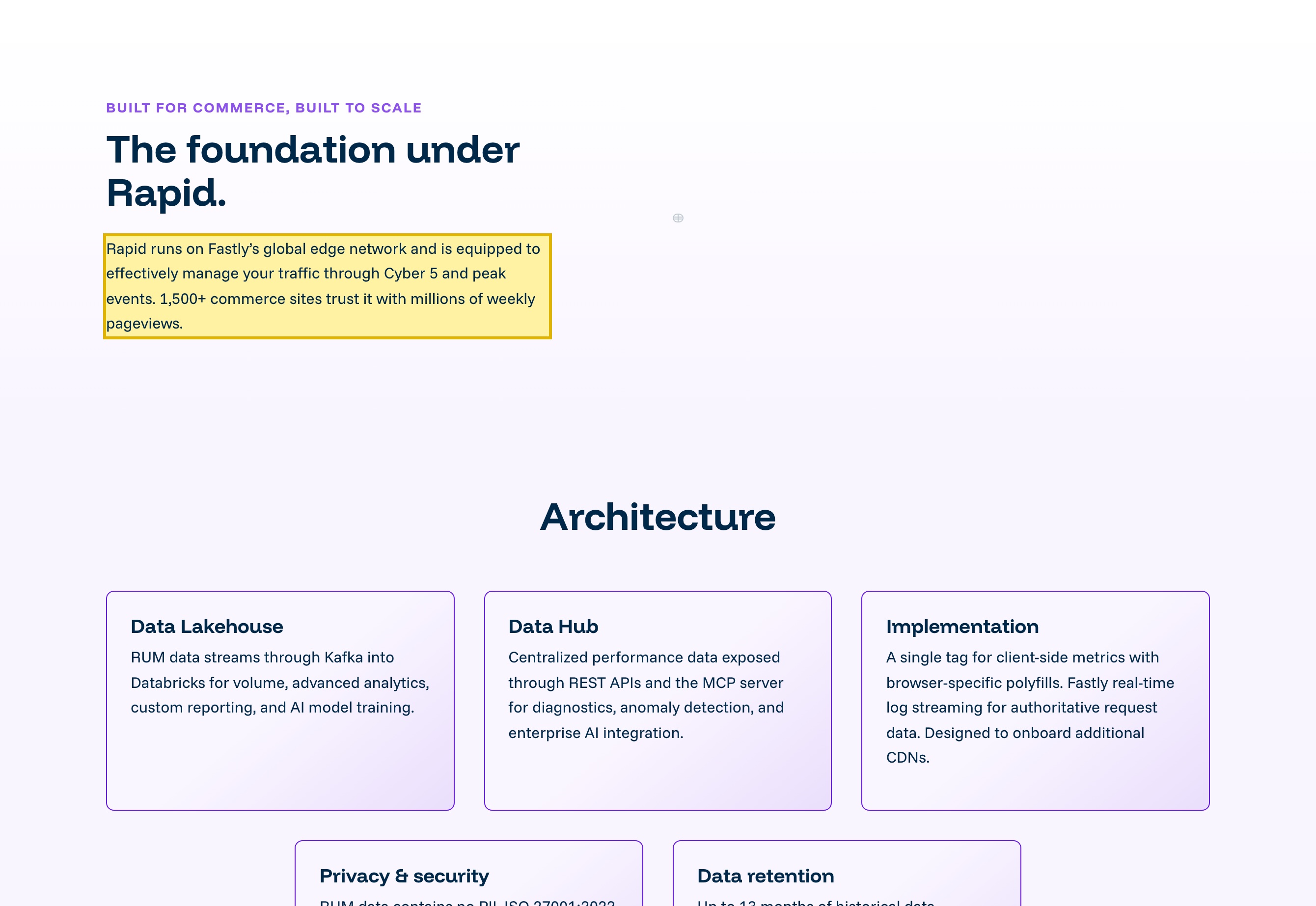 Yottaa's Platform page, 'The foundation under Rapid' section, stating that its Rapid platform runs on Fastly's global edge network and listing its architecture — an offshore, global edge that names no mainland-China point of presence