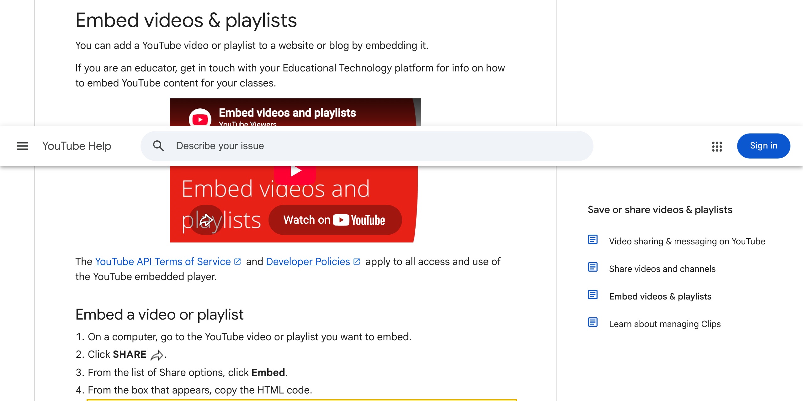 YouTube Help 'Embed videos & playlists' page showing the iframe embed code with src set to https://www.youtube.com/embed/ and a privacy-enhanced variant on https://www.youtube-nocookie.com/embed/, with the instruction to paste the code into your website HTML
