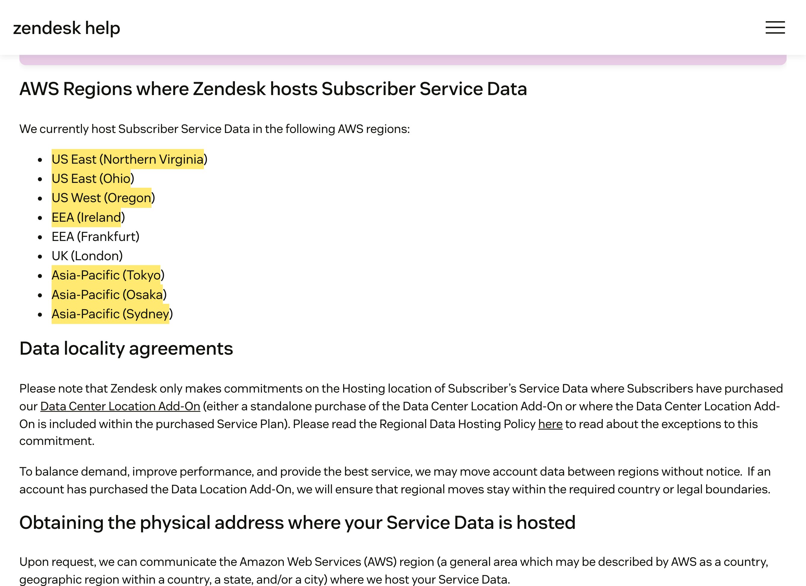 ZendeskのData Hosting Locationsサポートページ。Service Dataを保存するAWSリージョン——米国東部（北バージニア、オハイオ）、米国西部（オレゴン）、EEA（アイルランド、フランクフルト）、英国（ロンドン）、アジア太平洋（東京、大阪、シドニー）——を列挙し、中国本土のロケーションはない
