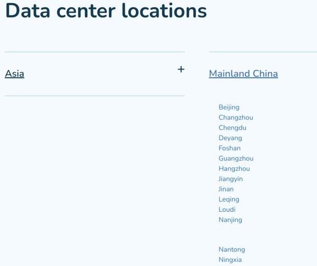 Zenlayer's Global Network data-center-locations list with Mainland China expanded, naming some two dozen Chinese cities including Beijing, Shanghai, Shenzhen, Guangzhou, Chengdu, Hangzhou, Suzhou and Wuhan