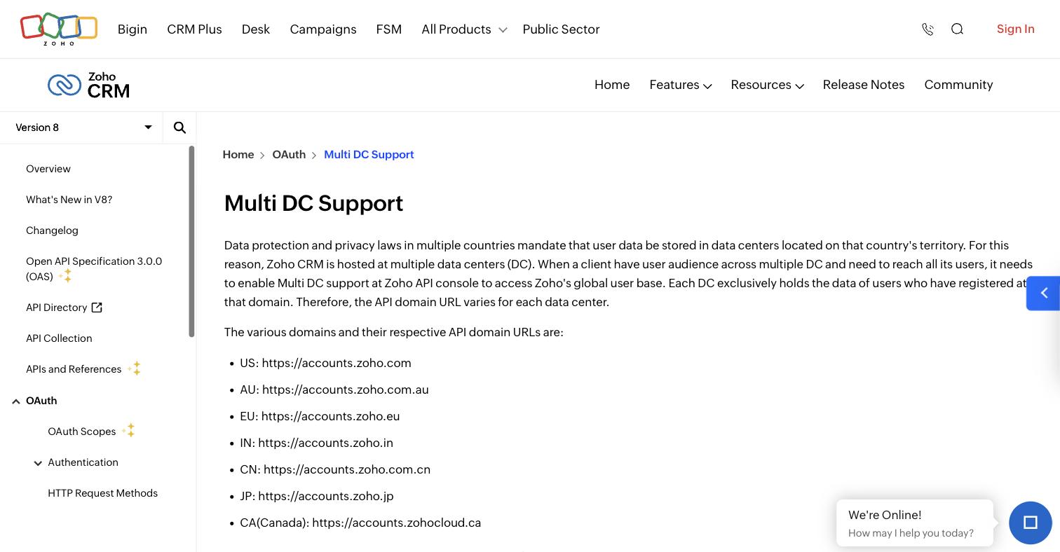 Zoho CRM Multi DC developer documentation listing data centers US, AU, EU, IN, CN, JP and CA, with the China data center reached at accounts.zoho.com.cn, and the rule that each data center holds only the data of users who registered at that domain
