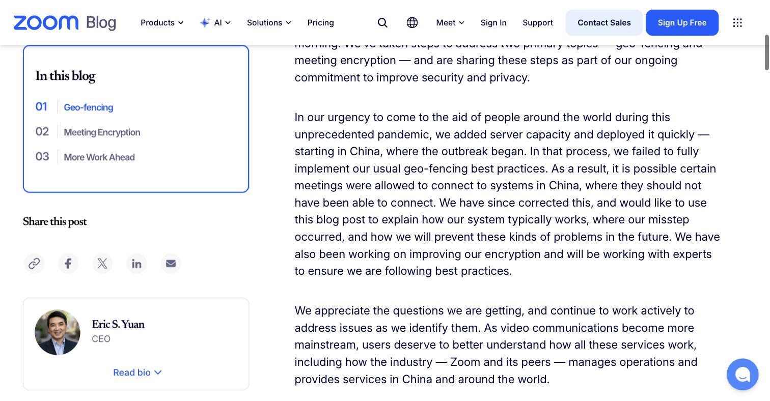 Zoom blog post titled Response to Research From University of Toronto's Citizen Lab, by CEO Eric S. Yuan dated April 3 2020, acknowledging that certain meetings were allowed to connect to systems in China where they should not have been able to connect